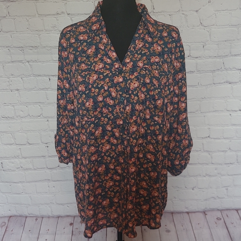 Dark Moss Green Floral Roll Tab Sleeve XL Half Button Popover Blouse Boho Casual